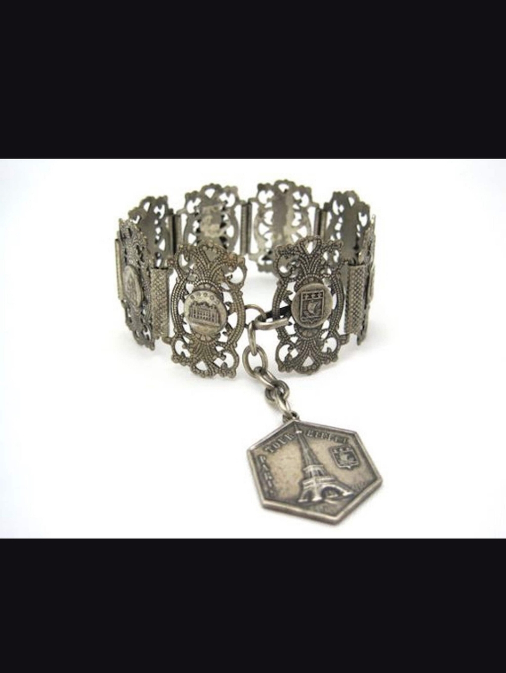 Antique-French Filigree Panel Charm Bracelet - Aged Silver - Picture 4 of 8